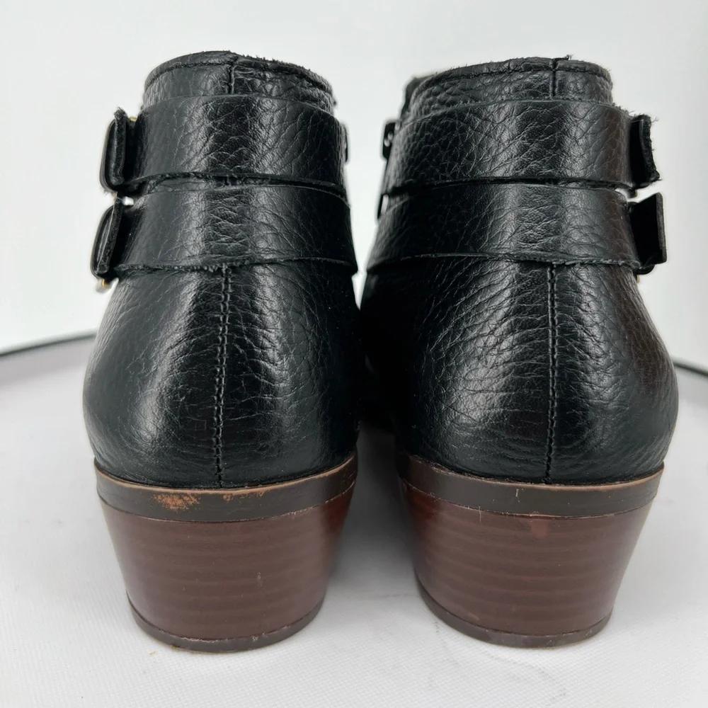 SAM EDELMAN BLACK LEATHER BUCKLE BOOTIES,‎ ALMOND TOE WOODEN HEEL, INSIDE ZIPPER